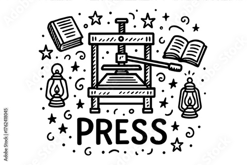 Doodle Printing Press. Doodle printing press with stars, books, and lanterns, center word “Press” in black and white isolated