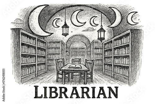 Celestial Reading Hall. Hand-drawn reading hall with moons, shelves, and lanterns, center word “Librarian” in black and white