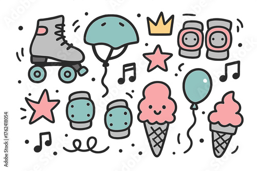 Skating Doodle Icons. Skating doodle icon set: hand drawn icons of roller skates, helmet, pads, crown, star, balloon, music notes,