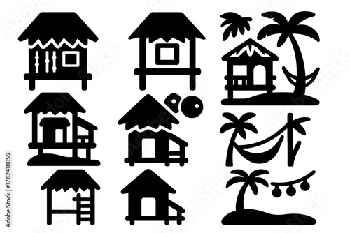 Island Hut Icons. Solid style icons of Island Huts: thatched roof, bamboo wall, open window, beach hut, ladder steps, coconut