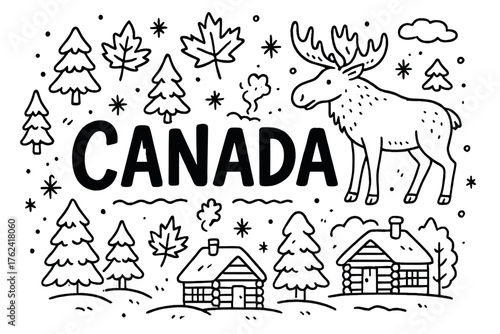 Canadian Winter Doodle. Doodle canadian winter with moose, maple leaves, and cabins, center word “Canada” in black and white