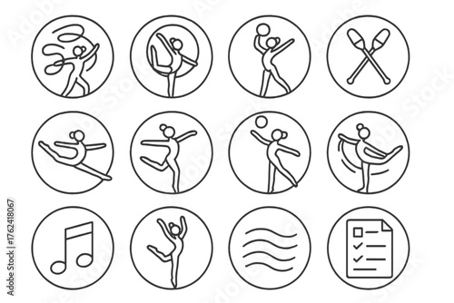 Rhythmic Gymnastics Icons. Line style round icons of rhythmic gymnastics: ribbon, hoop, ball, clubs; leap, spin, toss, stretch;