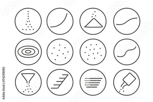Sand Motion Icons. Line style round icons of sand motion: grain fall, flow curve, piling base, smooth stream; ripple, dust, tiny