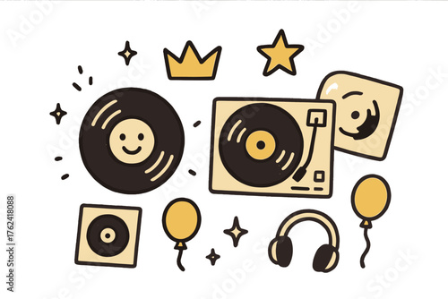 Vinyl Collector Icons. Vinyl collecting doodle icon set: hand drawn icons of record with smile, player, crown, star, balloon,