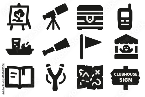 Treehouse Adventure Icons. Solid style icons of Treehouse fun and activities: drawing board, telescope, treasure chest, walkie