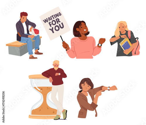 Diverse people cartoon characters waiting for late comrades feeling nervous about unpunctuality
