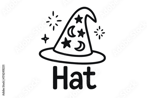Mystical Sorcerer Hat. Doodle sorcerer hat with stars, moons, and sparkles, center word “Hat” in black and white isolated