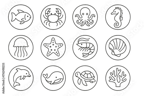 Marine Life Icons. Line style round icons of marine life: fish, crab, octopus, seahorse; jellyfish, starfish, shrimp, shell;