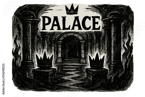 Underworld Palace Sketch. Hand-drawn underworld palace with black columns, crowns, and shadows, center word “Palace” in black and