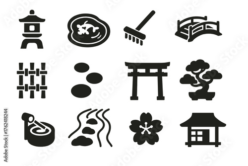Japanese Garden Icons. Solid style icons of Japanese garden elements: stone lantern, koi pond, zen rake, bridge, bamboo fence,