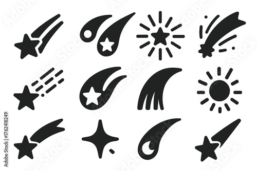 Shooting Stars Icons. Solid style icons of Shooting Stars: diagonal trail, double meteor, sky burst, light streak, dash lines,