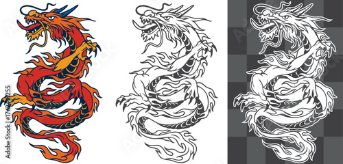 Chinese Flaming Dragon Vector Illustration with Detailed Scales Fire and Mythical Style Perfect for Tattoo Design Fantasy Artwork Asian Mythology Poster or Decorative Symbol of Power Strength