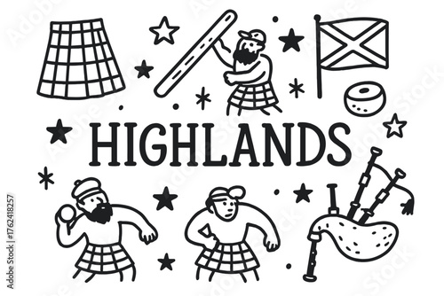 Highland Games Doodle. Doodle scotland highland games with kilts, bagpipes, and stars, center word “Highlands” in black and white
