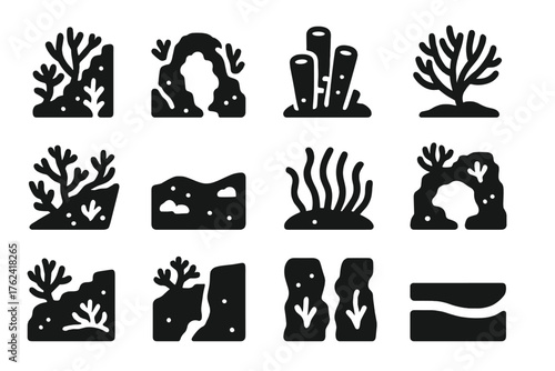 Coral Reef Icons. Solid style icons of Coral reef environments: reef wall, coral arch, sponge cluster, sea fan, reef slope, sandy