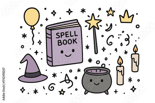 Enchanting School Supplies. Magic school illustration doodle style: hand drawn spellbook with smile, wand, crown, star, balloon,