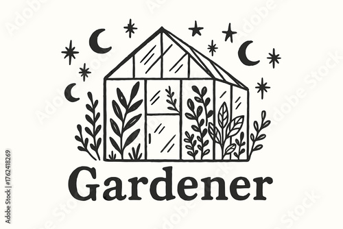 Celestial Greenhouse Art. Hand-drawn greenhouse with stars, moons, and plants, center word “Gardener” in black and white isolated