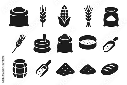 Grain Icon Set. Solid style icons of Grain Processing: grain sack, wheat stalk, corn cob, barley bundle, rye stalk, millstone