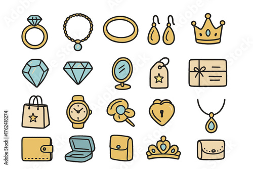 Jewelry Doodle Icons. Jewelry shop doodle icon set: hand drawn icons of ring, necklace, bracelet, earrings, crown, gem, diamond,