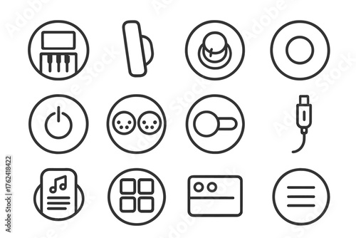 Digital Keyboard Icons. Line style round icons of digital keyboard features: LCD screen, pitch bend wheel, modulation knob, preset