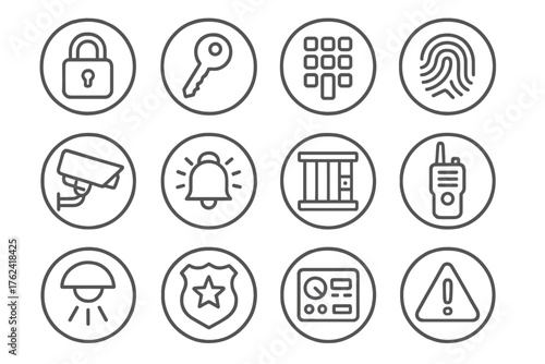 Security Icons Collection. Line style round icons of security and control: lock, key, keypad, fingerprint; surveillance camera,