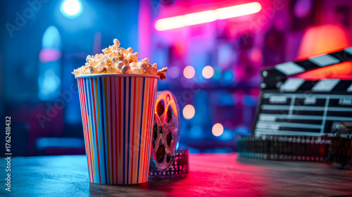 A colorful, striped bucket of popcorn stands on the table, set against a background of cinematic elements.