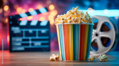 A colorful, striped bucket of popcorn stands on the table, set against a background of cinematic elements.