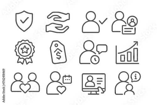 Relationship Selling Icons. Line style round icons of relationship selling: trust icon, empathy hand, rapport builder, client