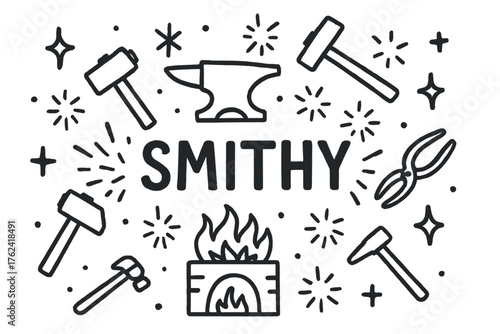 Blacksmith's Workshop Doodle. Doodle blacksmith workshop with stars, hammers, and sparks, center word “Smithy” in black and white