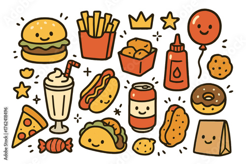 Fast Food Doodle Icons. Fast food doodle icon set: hand drawn icons of burger with smile, fries, milkshake, nuggets, hotdog, soda