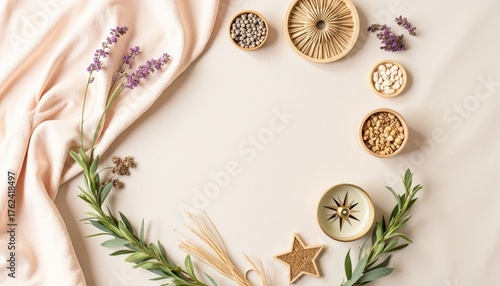 Wallpaper Mural Decorative arrangement of lavender and wooden bowls on fabric backdrop   Torontodigital.ca