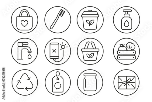 Eco-Friendly Icons. Line style round icons of eco-friendly practices: reusable bag, bamboo toothbrush, compost bin, refill bottle;