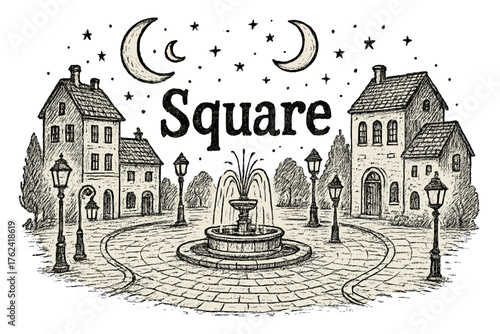 Town Square Art. Hand-drawn town square with moons, fountains, and lanterns, center word “Square” in black and white isolated