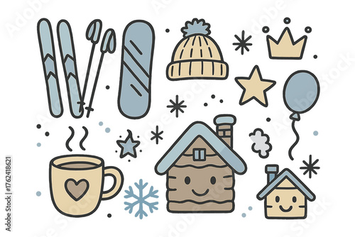 Winter Travel Icons. Winter travel doodle icon set: hand drawn icons of skis, snowboard, hat, crown, star, balloon, cocoa,