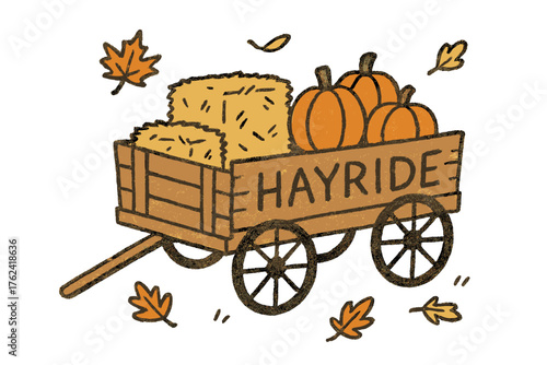Autumn Hayride Delight. Hayride doodle illustration with wagon, pumpkins, hay bales and autumn leaves isolated transparent