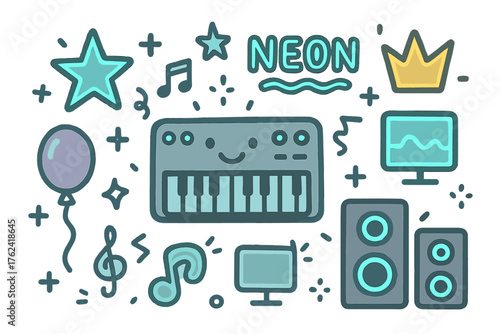 Electronic Night Doodle Icons. Electronic night doodle icon set: hand drawn icons of synthesizer with smile, neon signs, crown,