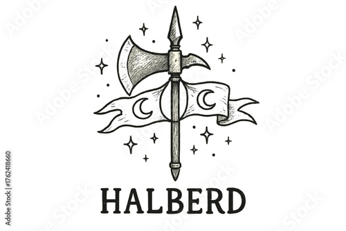 Mystical Halberd Design. Hand-drawn halberd with moons, banners, and sparkles, center word “Halberd” in black and white isolated