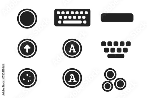 Typewriter Key Icons. Solid style icons of Typewriter Keys: single round key, full keyboard, space bar, shift key, caps lock key,