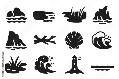 Coastal Nature Icons. Solid style icons of Coastal Nature: rocky shore, sandy beach, tidal flat, dune grass, sea cliff, driftwood,