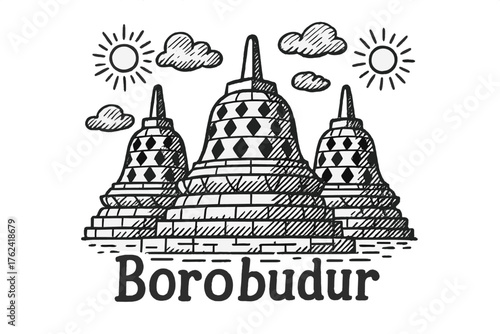 Borobudur Temple Illustration. Hand-drawn borobudur temple with stupas, suns, and clouds, center word “Borobudur” in black and