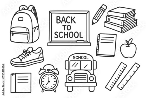 Back to School Icons. Back to school doodle icon set: hand drawn icons of backpack, pencil, chalkboard, books, sneakers, notebook,
