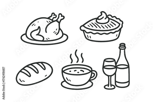 Thanksgiving Feast Icons. Thanksgiving feast doodle icon set: hand drawn icons of turkey, pie, bread, soup, and wine. isolated