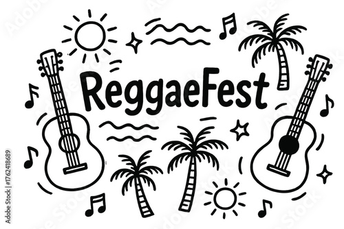 ReggaeFest Doodle Art. Doodle jamaica reggae festival with guitars, suns, and palm trees, center word “ReggaeFest” in black and