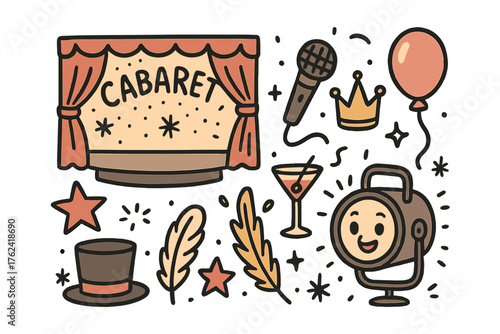 Cabaret Icons Doodle. Cabaret doodle icon set: hand drawn icons of stage, microphone, drink, crown, star, balloon, hat, feather,