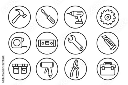 Construction Tool Icons. Line style round icons of construction tools: hammer icon, screwdriver, power drill, saw blade; tape