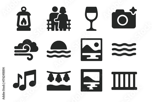 Cruise Deck Serenity. Solid style icons of Cruise Atmosphere: lantern glow, couple on deck, wine glass, camera flash, soft breeze,