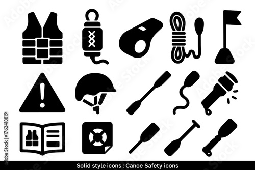 Canoe Safety Icons. Solid style icons of Canoe Safety: life jacket, throw bag, whistle, rescue line, warning triangle, helmet,