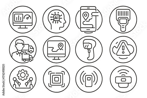 Logistics Technology Icons. Line style round icons of logistics technology: dashboard icon, AI routing, delivery app, fleet