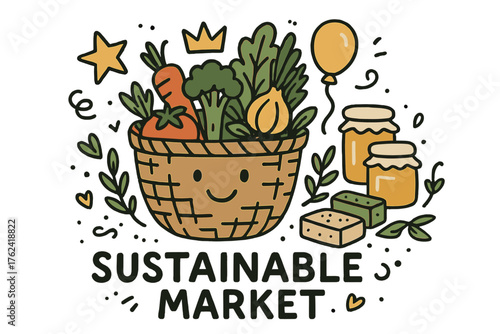Sustainable Market Doodle. Sustainable market illustration doodle style: hand drawn basket with smile, crown, star, balloon,