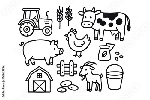 Farmer Icon Set. Farmer doodle icon set: hand drawn icons of tractor, wheat, cow, chicken, pig, goat, fence, seeds, barn, and