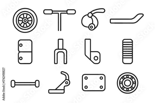 Scooter Parts Icons. Line style round icons of scooter parts: wheel, handlebar, brake, deck; clamp, fork, stem, grip; axle,